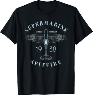 Spitfire Aircraft Blueprint | WW2 Supermarine Fighter Plane T-Shirt - T-Shirt | Black