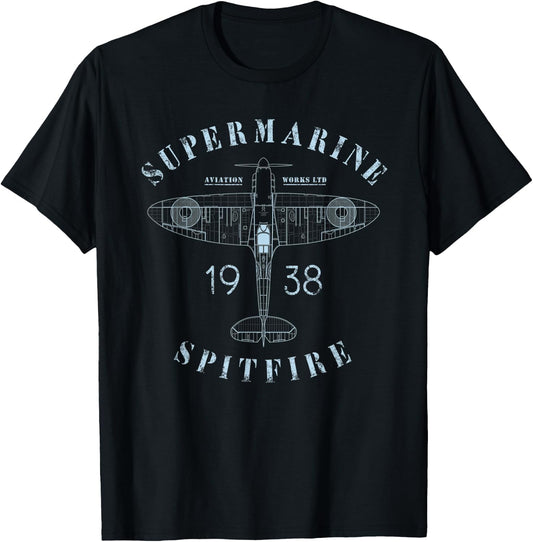Spitfire Aircraft Blueprint | WW2 Supermarine Fighter Plane T-Shirt - T-Shirt | Black