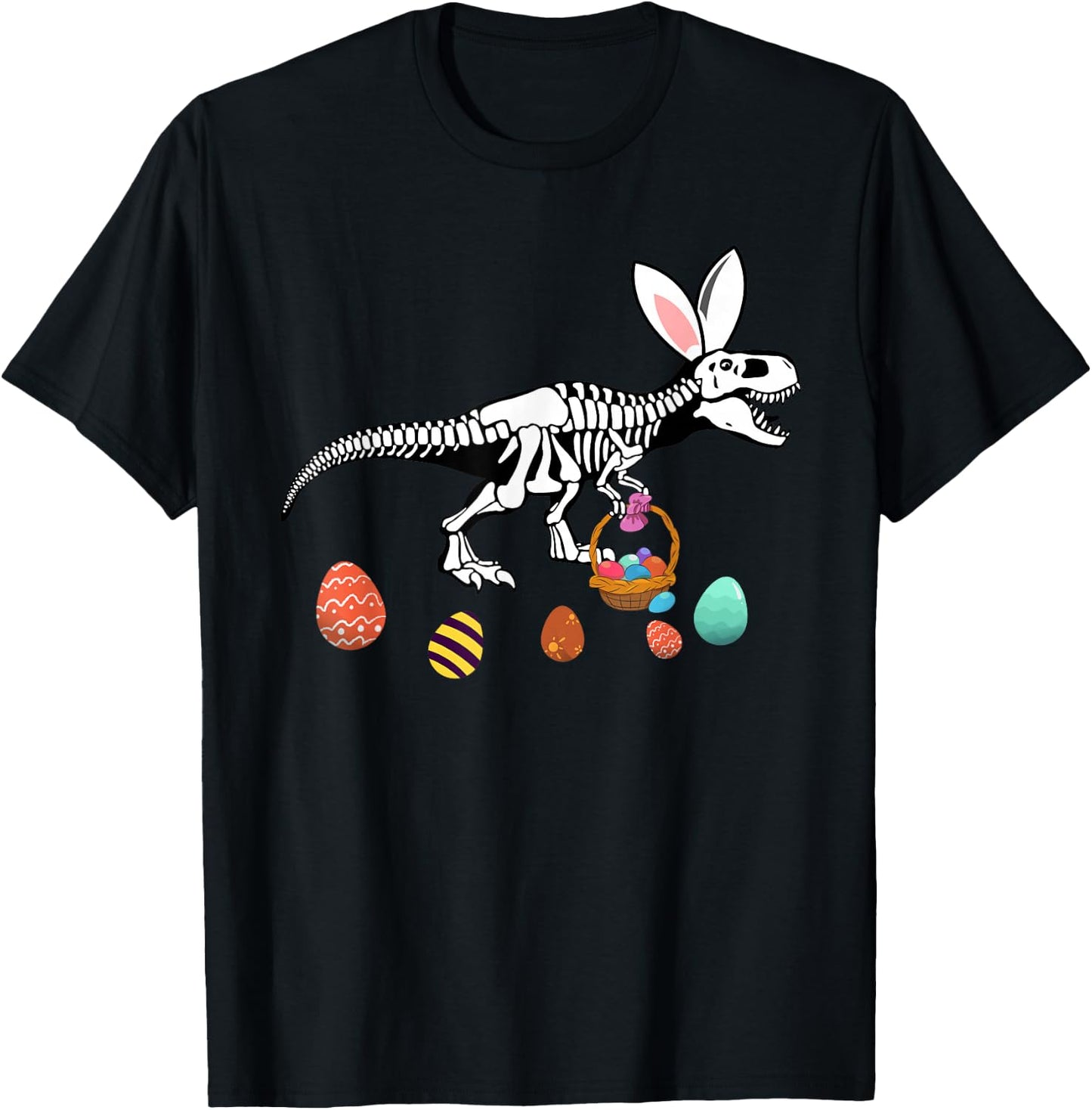 Funny T Rex Easter Skeleton Bunny Basket Egg Hunt Easter Day T-Shirt - T-Shirt | Black