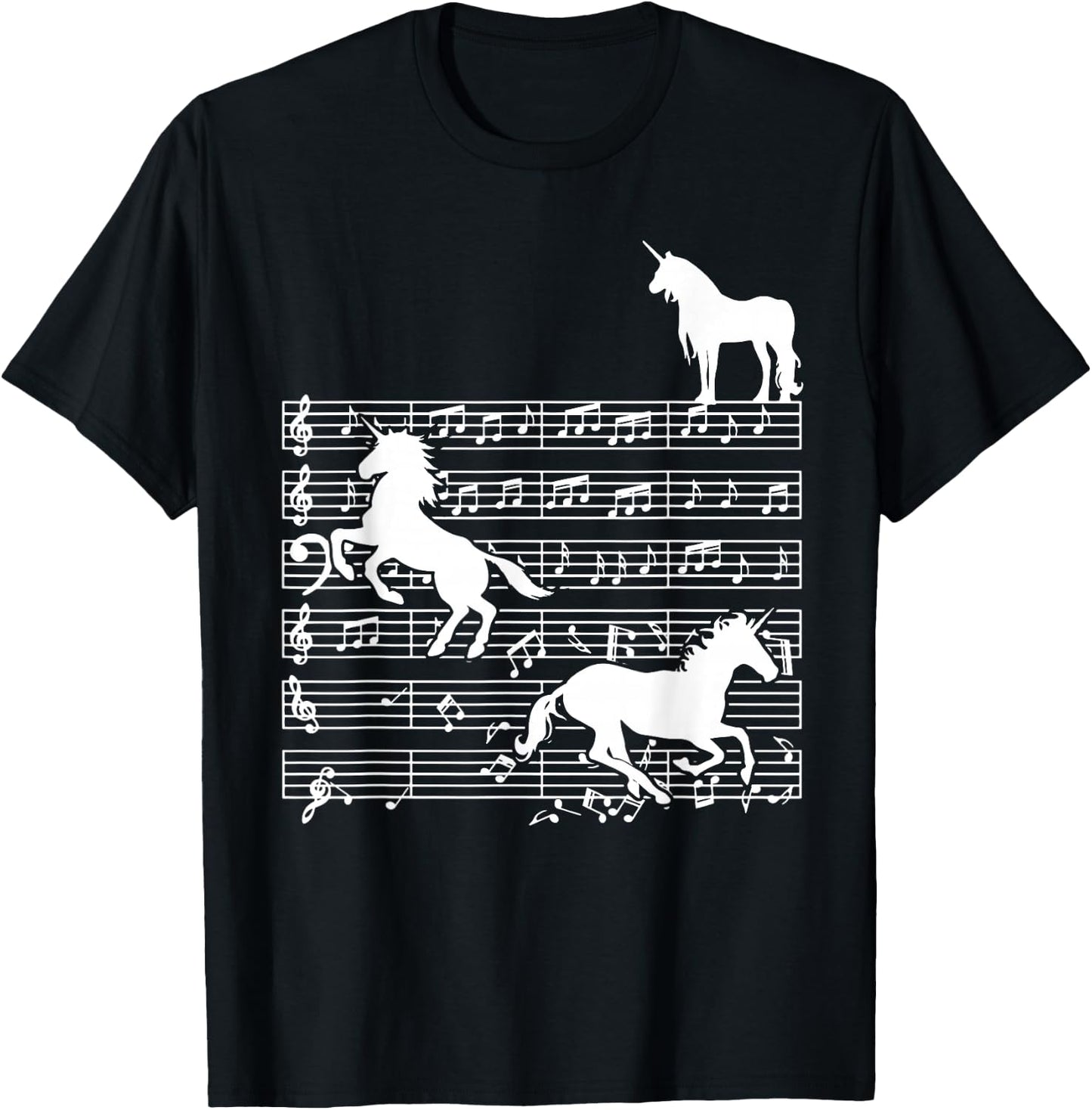 Music Notes with Unicorn on Music Sheet - Music Teacher T-Shirt - T-Shirt | Black