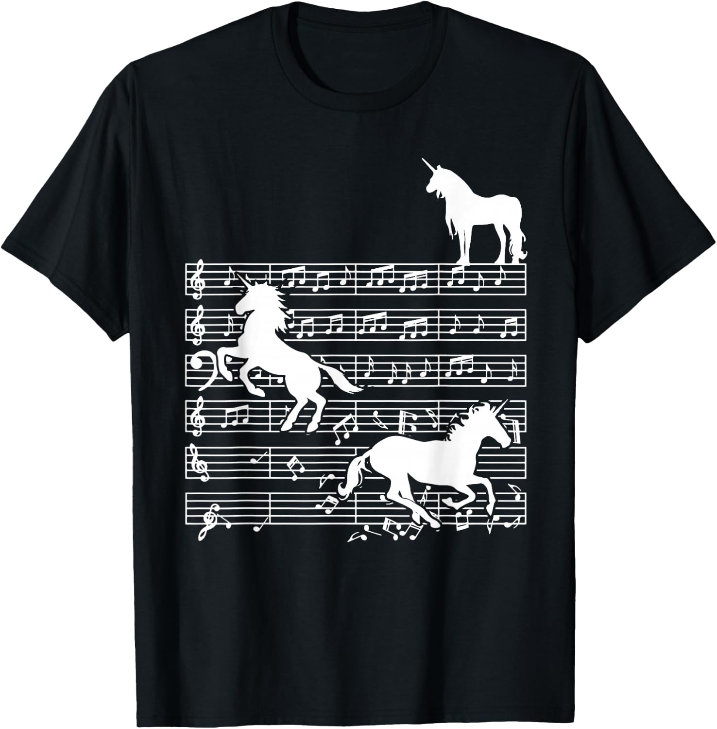 Music Notes with Unicorn on Music Sheet - Music Teacher T-Shirt - T-Shirt | Black