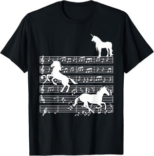 Music Notes with Unicorn on Music Sheet - Music Teacher T-Shirt - T-Shirt | Black