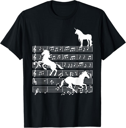 Music Notes with Unicorn on Music Sheet - Music Teacher T-Shirt - T-Shirt | Black
