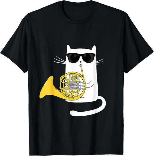 Funny Jazz Cat Wearing Sunglasses Playing French Horn Men Women Girls Kids T-Shirt - T-Shirt | Black