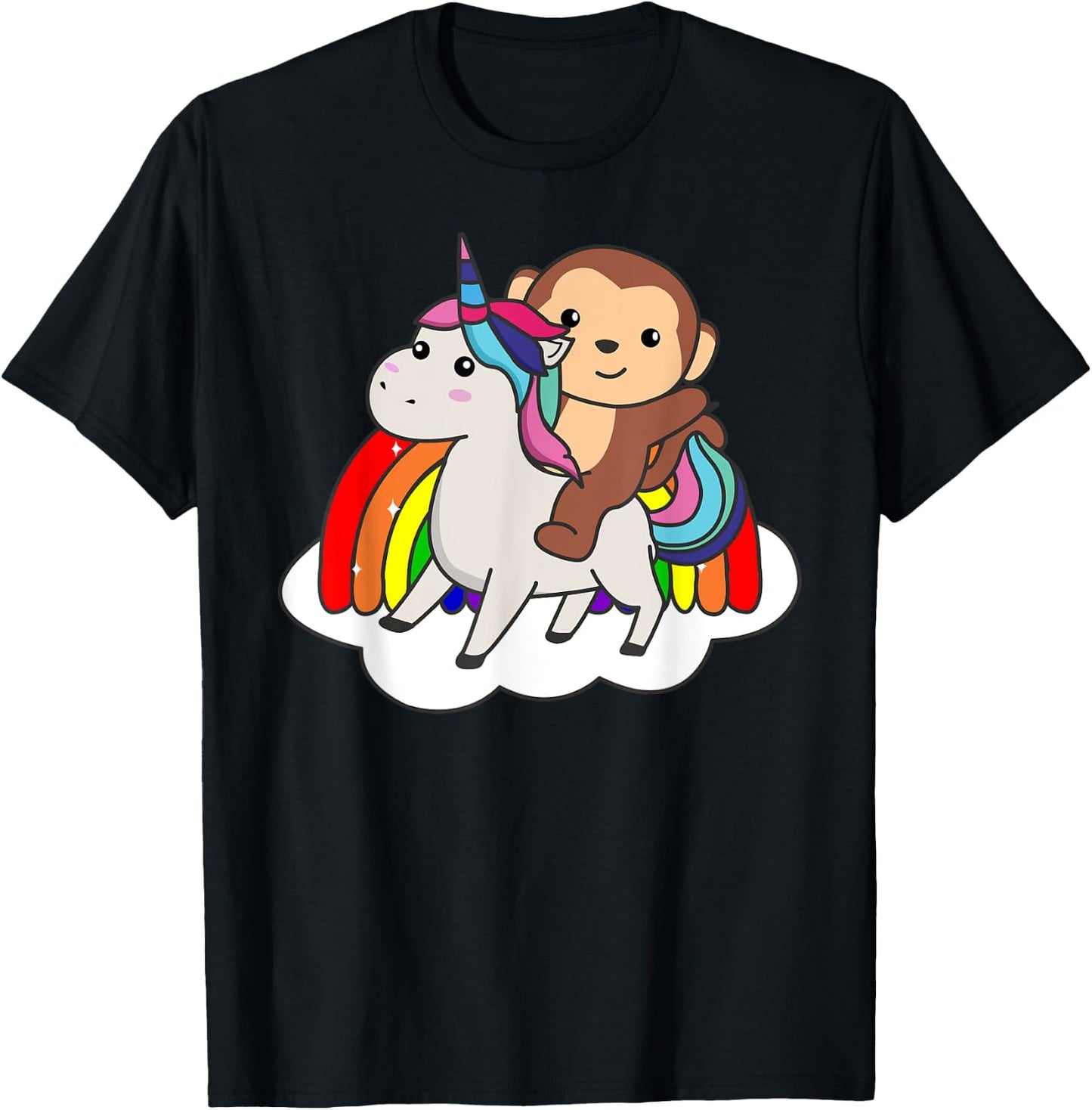 Monkey On Unicorn Rainbow Animals Sweet Monkey Unicorns T-Shirt - T-Shirt | Black