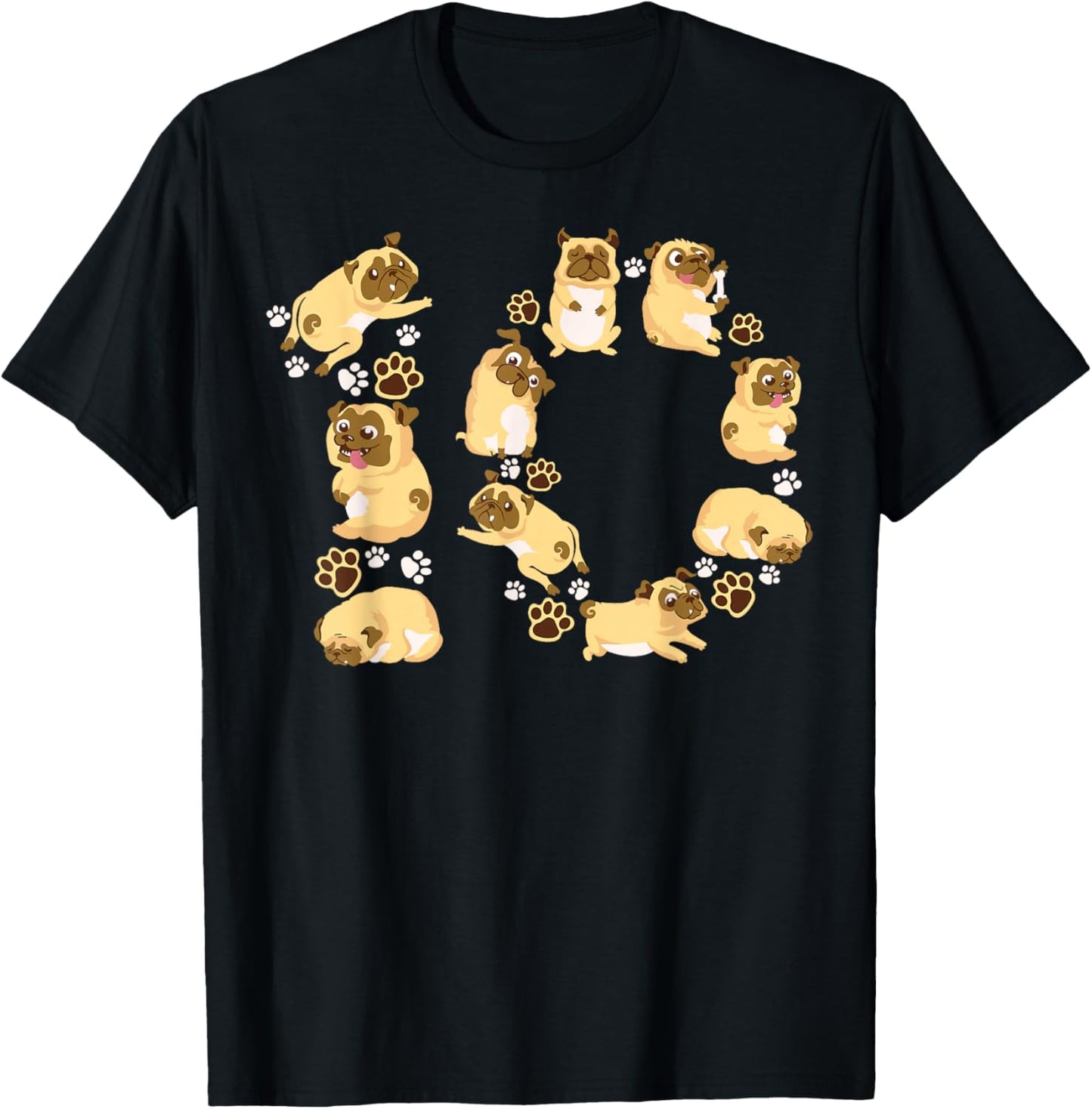 Cute Dog 10th Birthday Gift | Cool 10 Years Old Pug Boy Girl T-Shirt - T-Shirt | Black