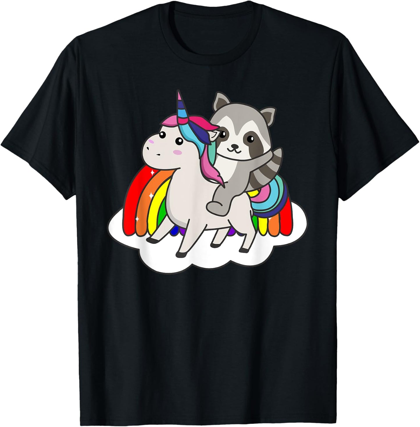 Raccoon On Unicorn Rainbow Animals Sweet Unicorns T-Shirt - T-Shirt | Black