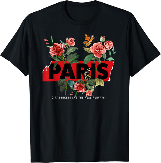 Floral Paris France With Butterflies Fashion Runway Graphic T-Shirt - T-Shirt | Black