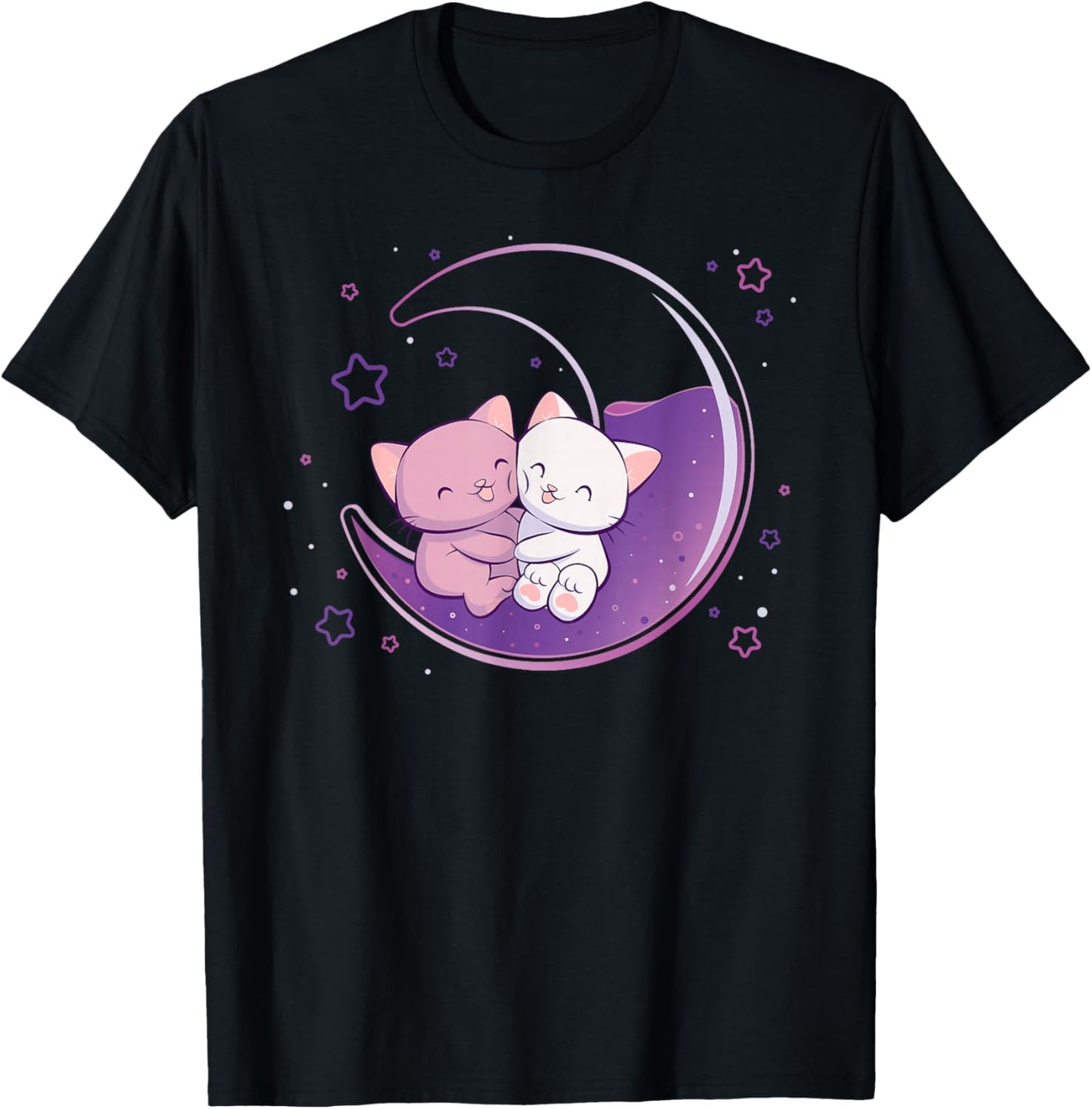 Cute Cats on Purple Moon Kawaii Anime T-Shirt - T-Shirt | Black