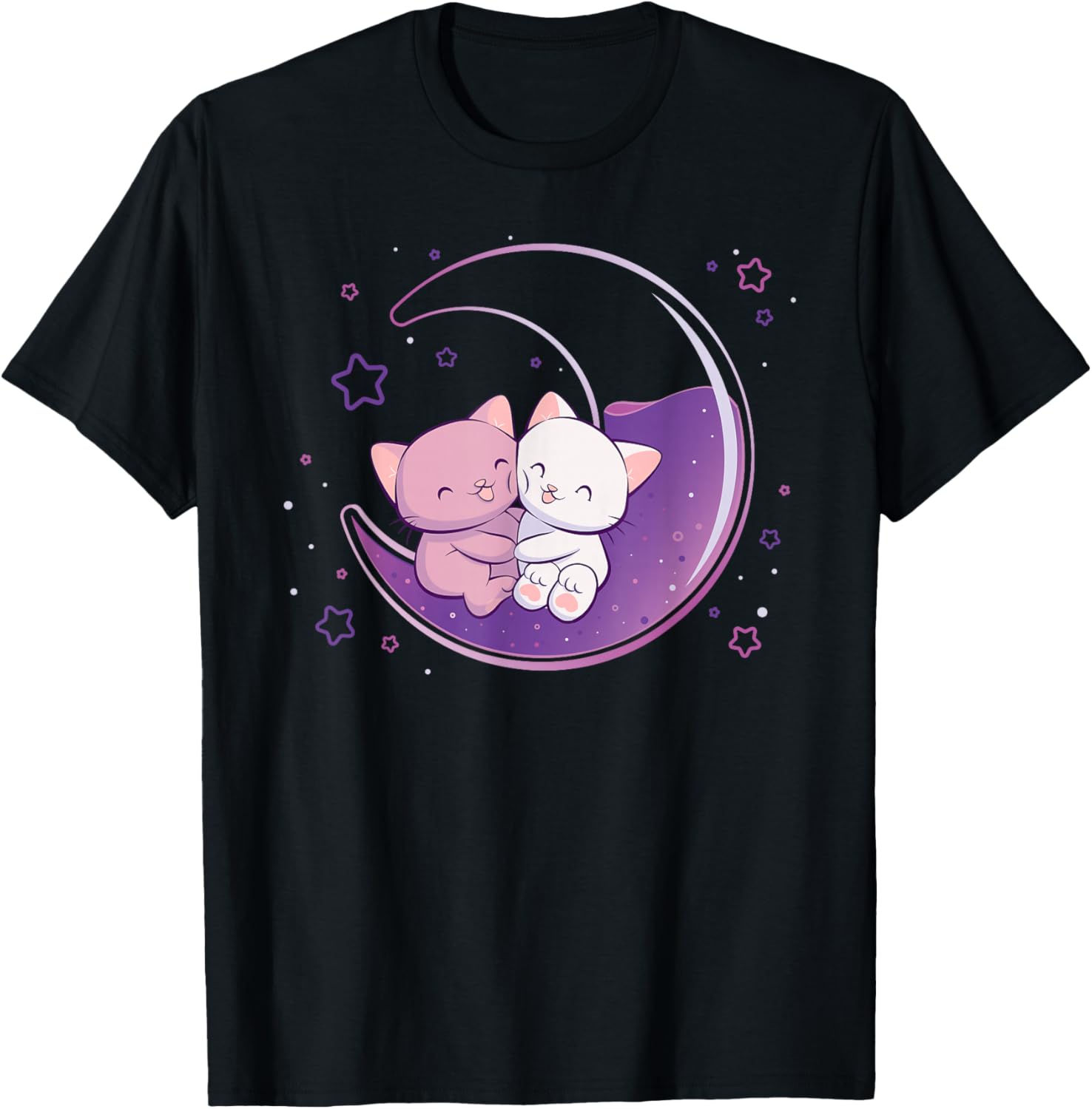 Cute Cats on Purple Moon Kawaii Anime T-Shirt - T-Shirt | Black