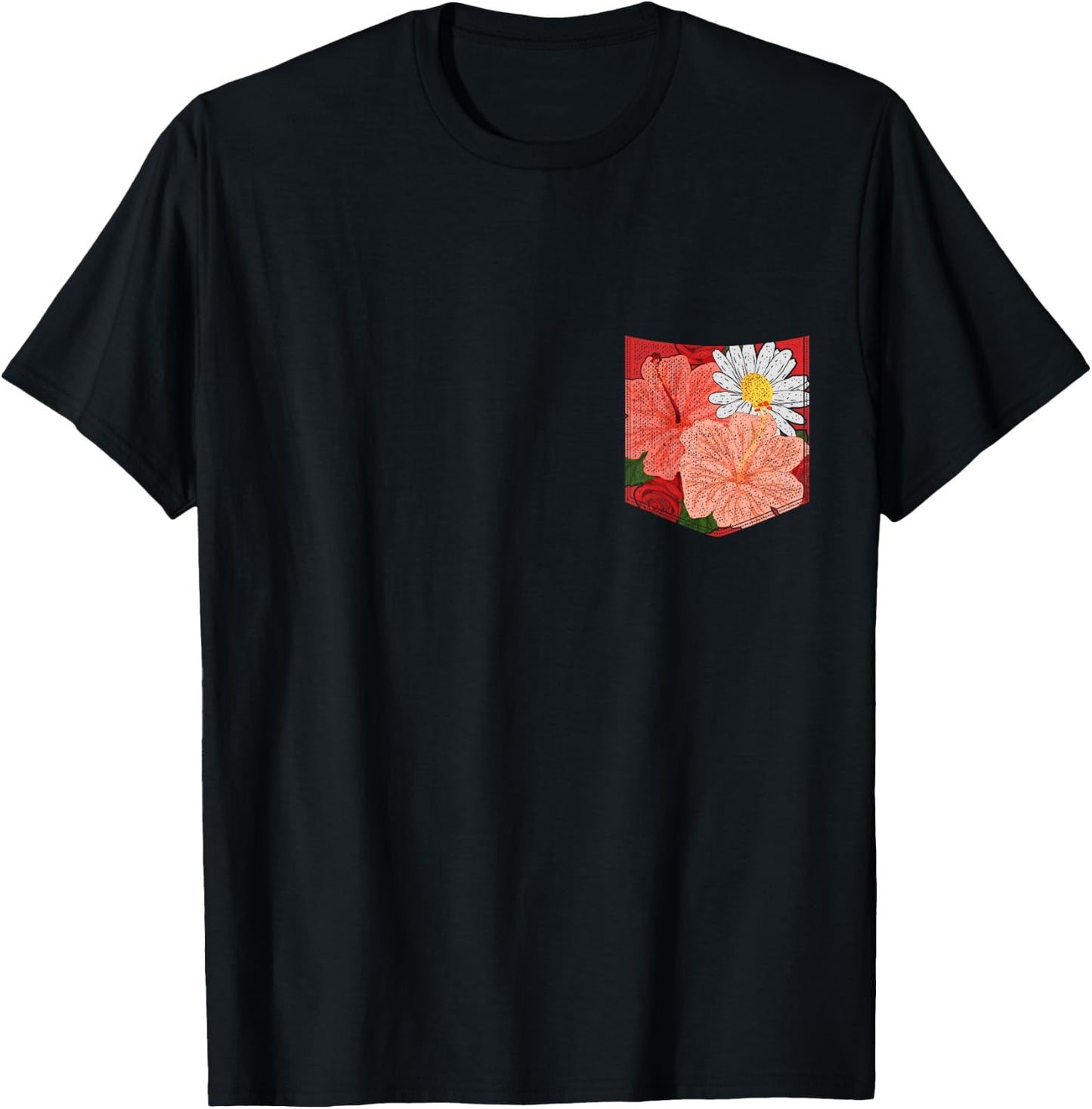 Flower Blossom Hibiscus Daisy Floral Pocket Botanical T-Shirt - T-Shirt | Black