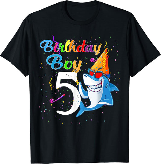 5th Birthday Boy Shark - 5 Year Old Boy Birthday T-Shirt - T-Shirt | Black