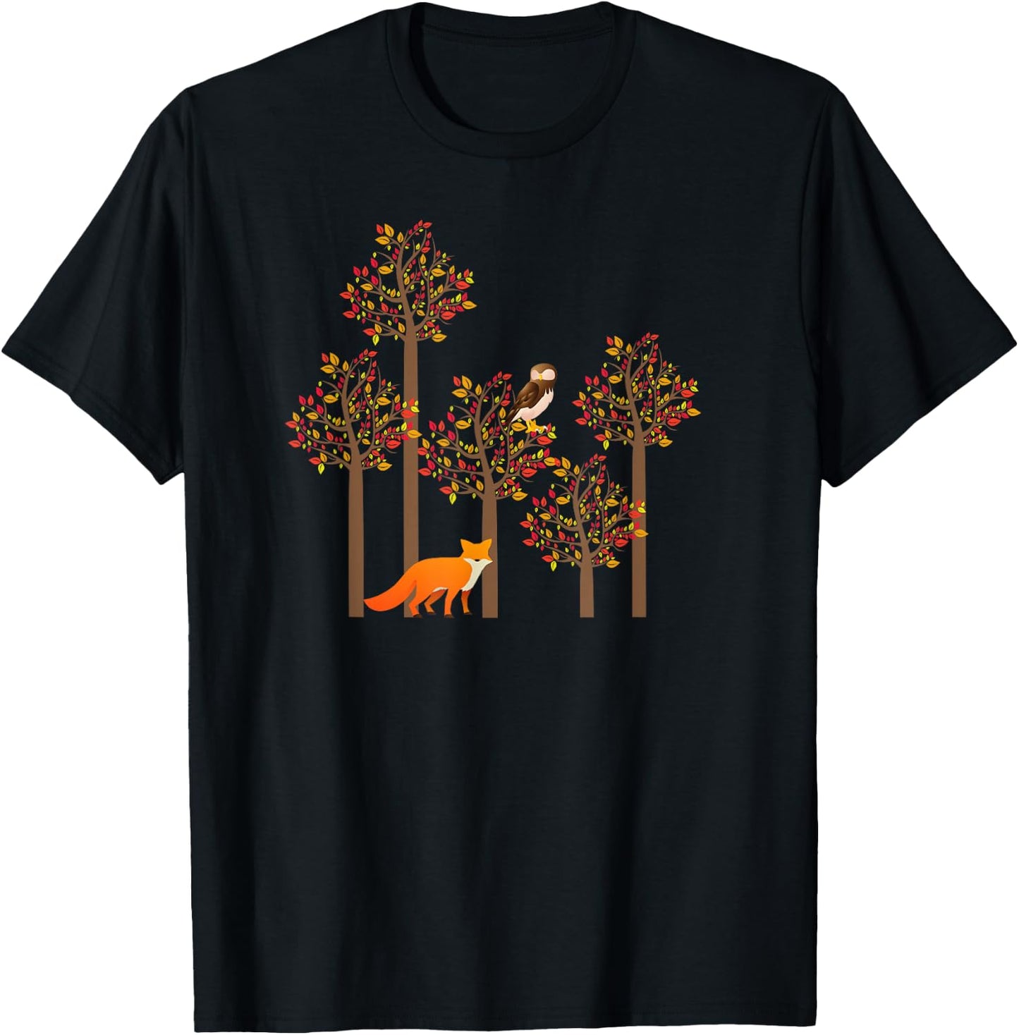 Fox and Owl Fall Leaves Cute Animal Autumn Fall Design T-Shirt - T-Shirt | Black