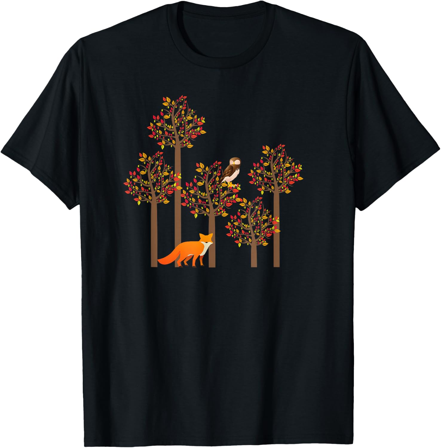 Fox and Owl Fall Leaves Cute Animal Autumn Fall Design T-Shirt - T-Shirt | Black