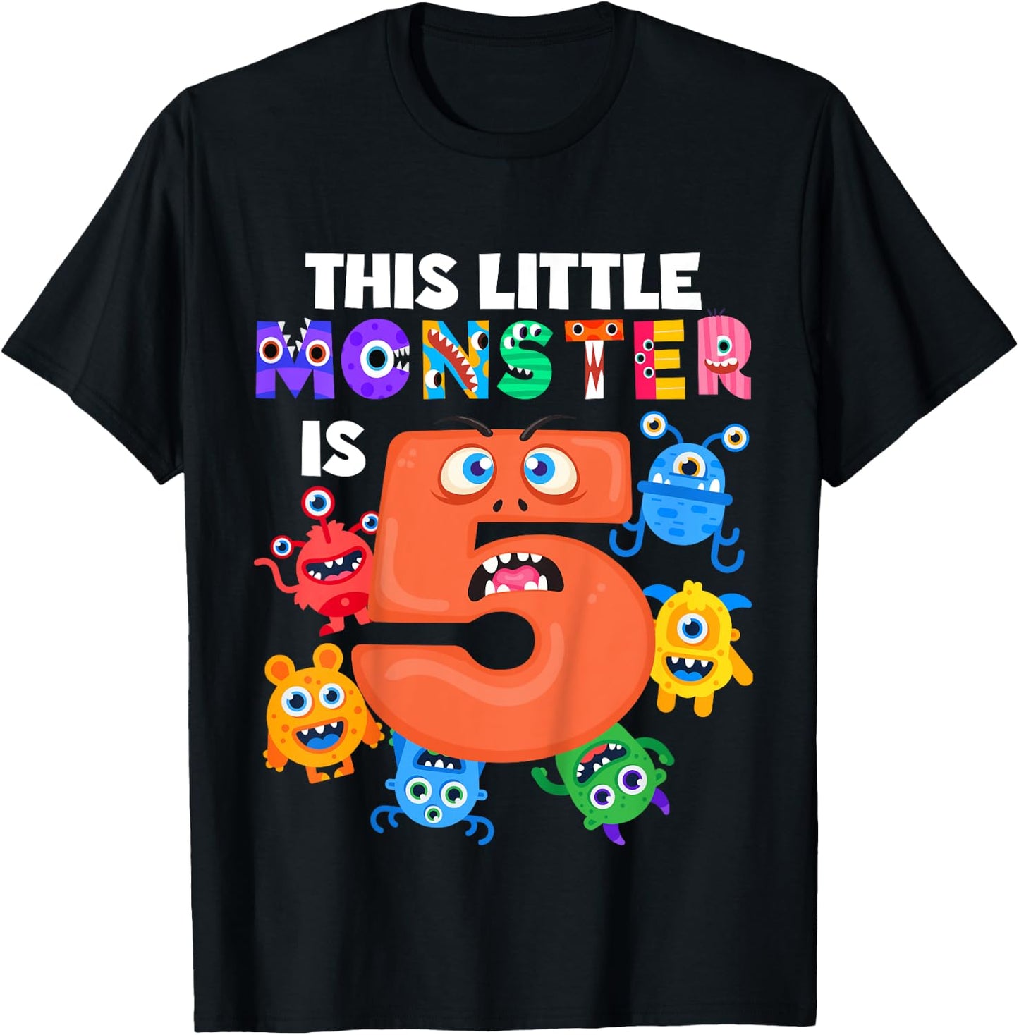This Little Monster is 5 Five Years 5th Birthday Party Alien T-Shirt - T-Shirt | Black
