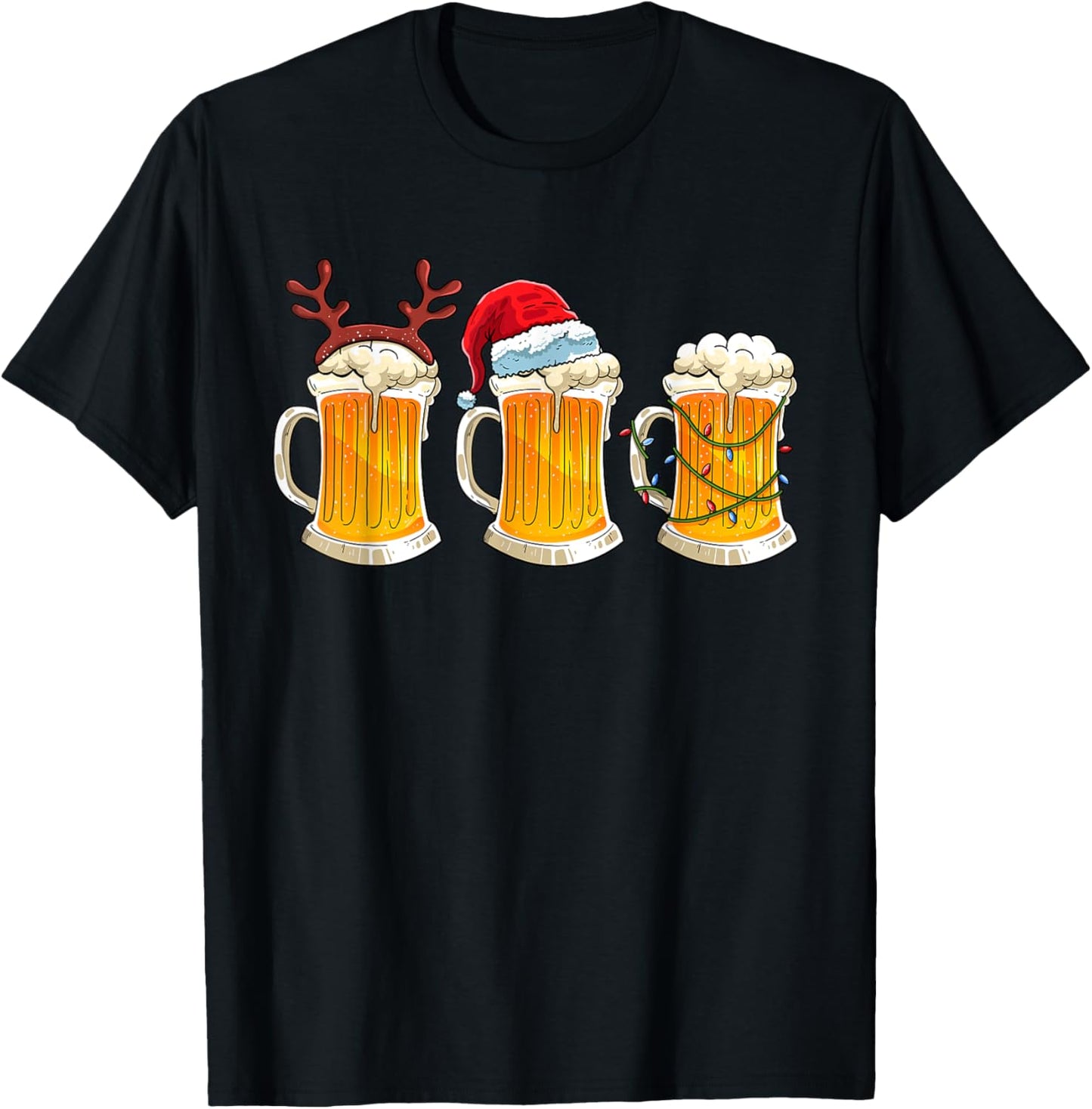 Beer Christmas Mug Santa Hat Reinbeer Xmas Lights Men Gift T-Shirt - T-Shirt | Black