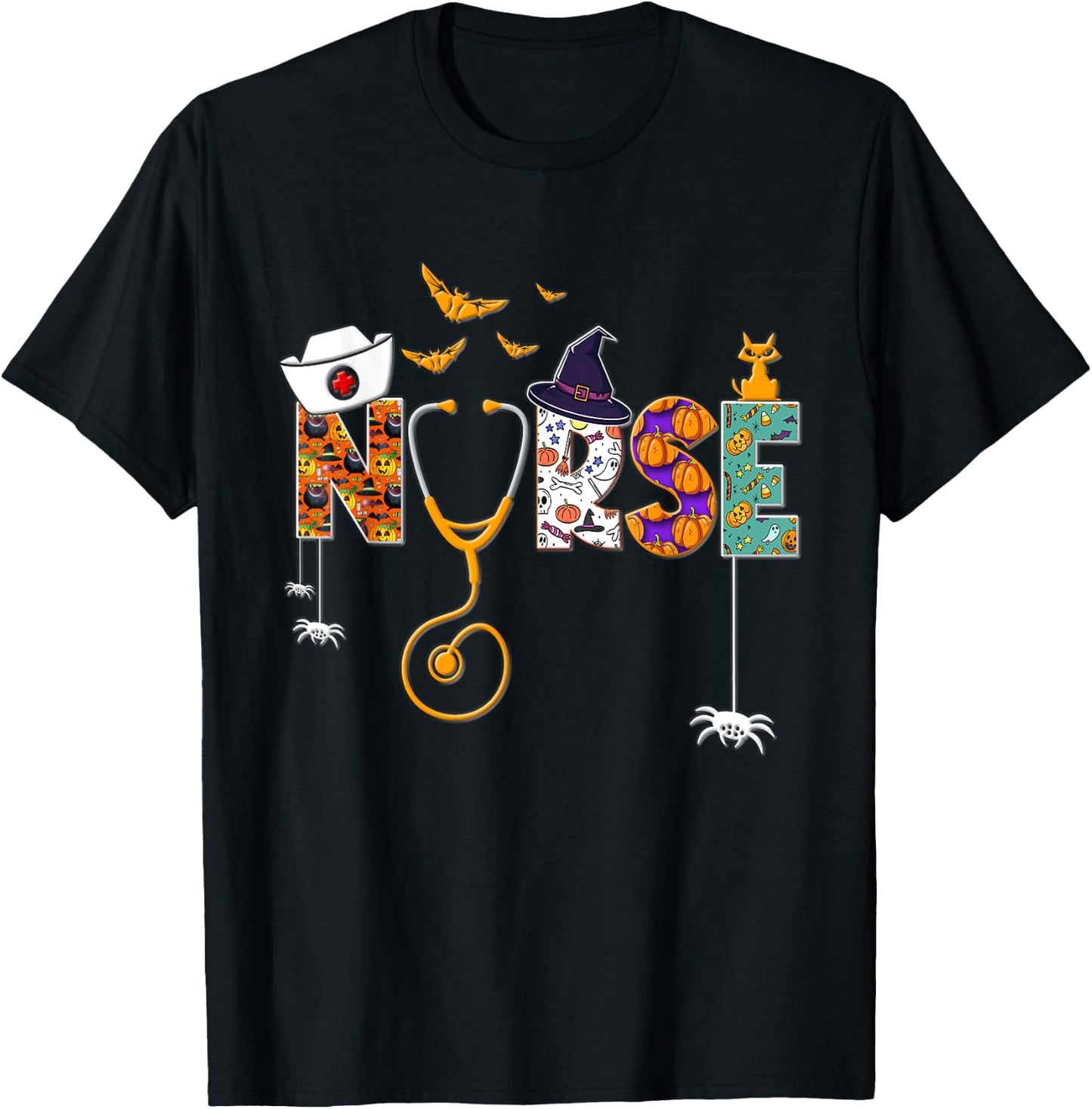 Halloween Nurse Nursing Cute Health Worker Halloween Pattern T-Shirt - T-Shirt | Black