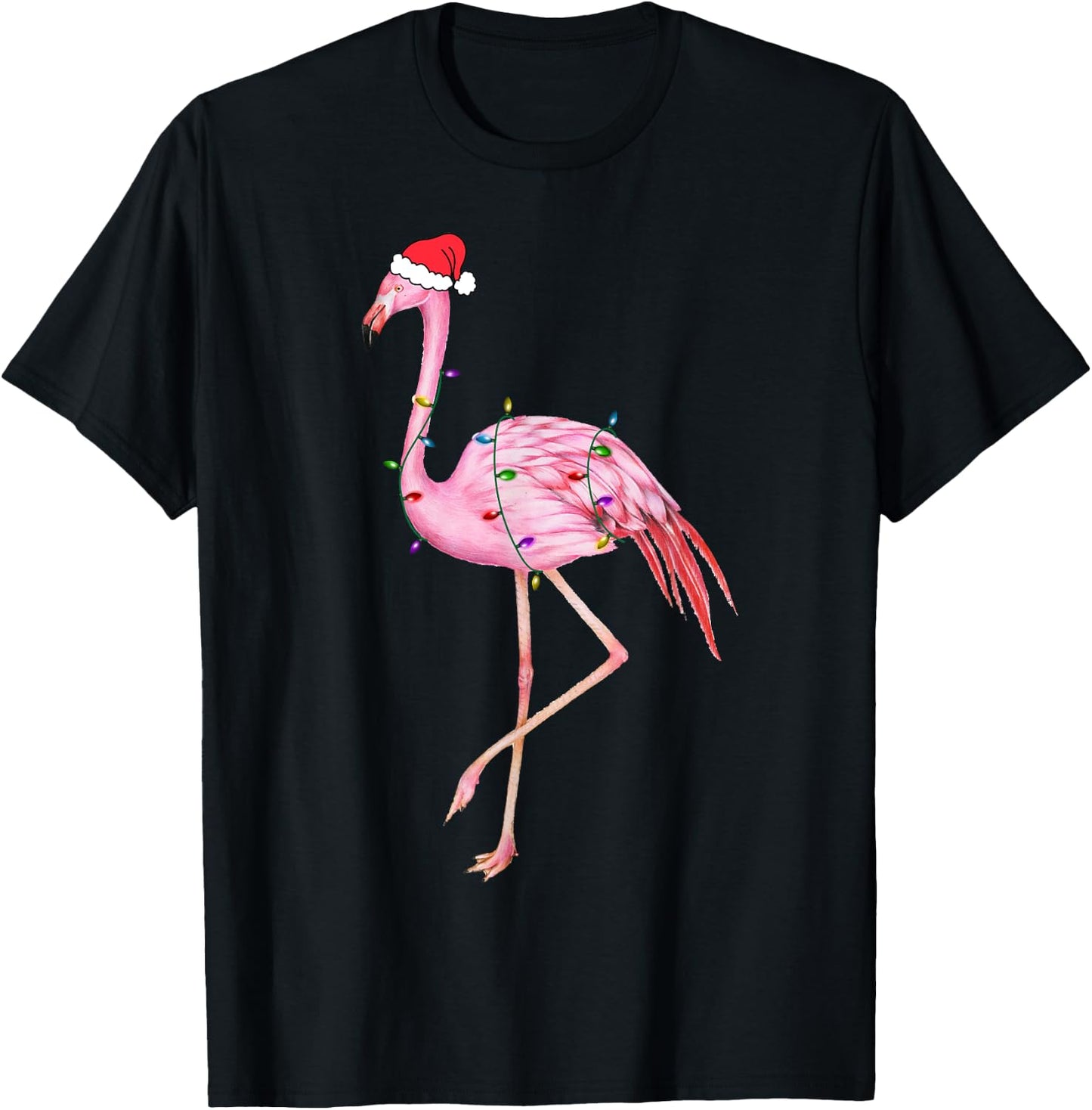 Lighted Flamingo Christmas Tree Lights Xmas Santa Hat Gifts T-Shirt - T-Shirt | Black