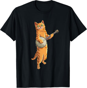 Funny Cat Playing Banjo Bluegrass | Cool Musician Gift T-Shirt - T-Shirt | Black