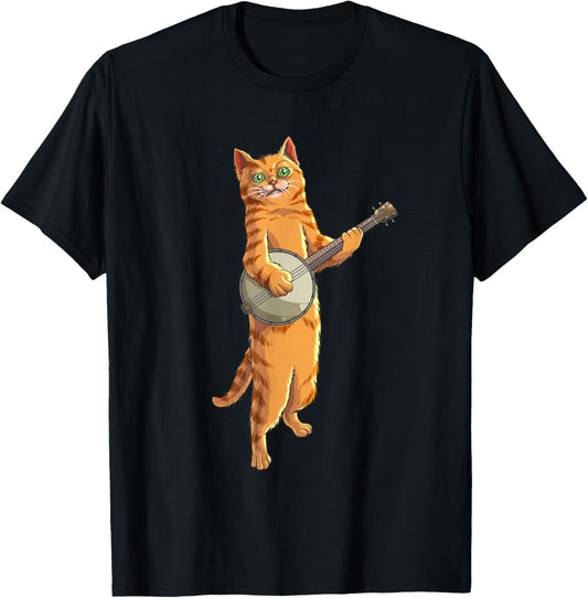 Funny Cat Playing Banjo Bluegrass | Cool Musician Gift T-Shirt - T-Shirt | Black