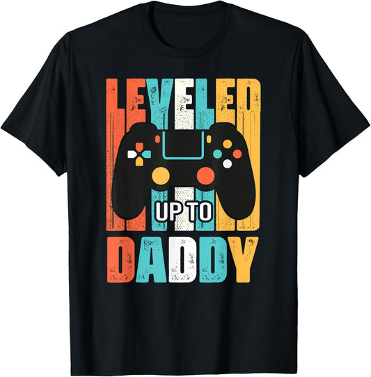 leveled up to daddy gamer gifts dad Fathers Day Gaming First T-Shirt - T-Shirt | Black