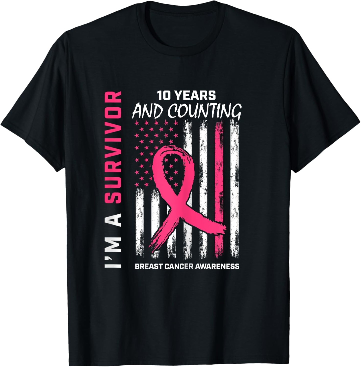 10 Year Survivor Gifts Pink Breast Cancer Free American Flag T-Shirt - T-Shirt | Black