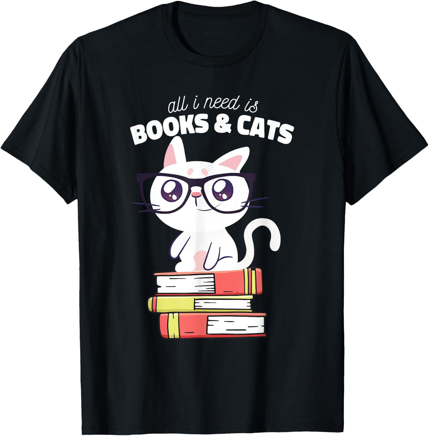 All I need is books & Cats | Books and cats art T-Shirt - T-Shirt | Black