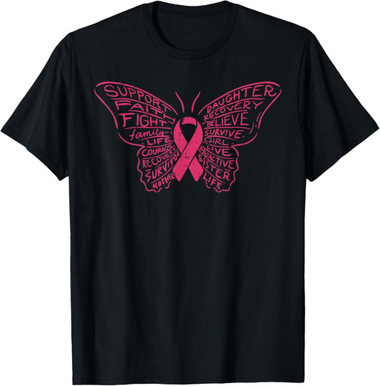 Monarch Butterfly Pink Ribbon Breast Cancer Awareness Gift T-Shirt - T-Shirt | Black