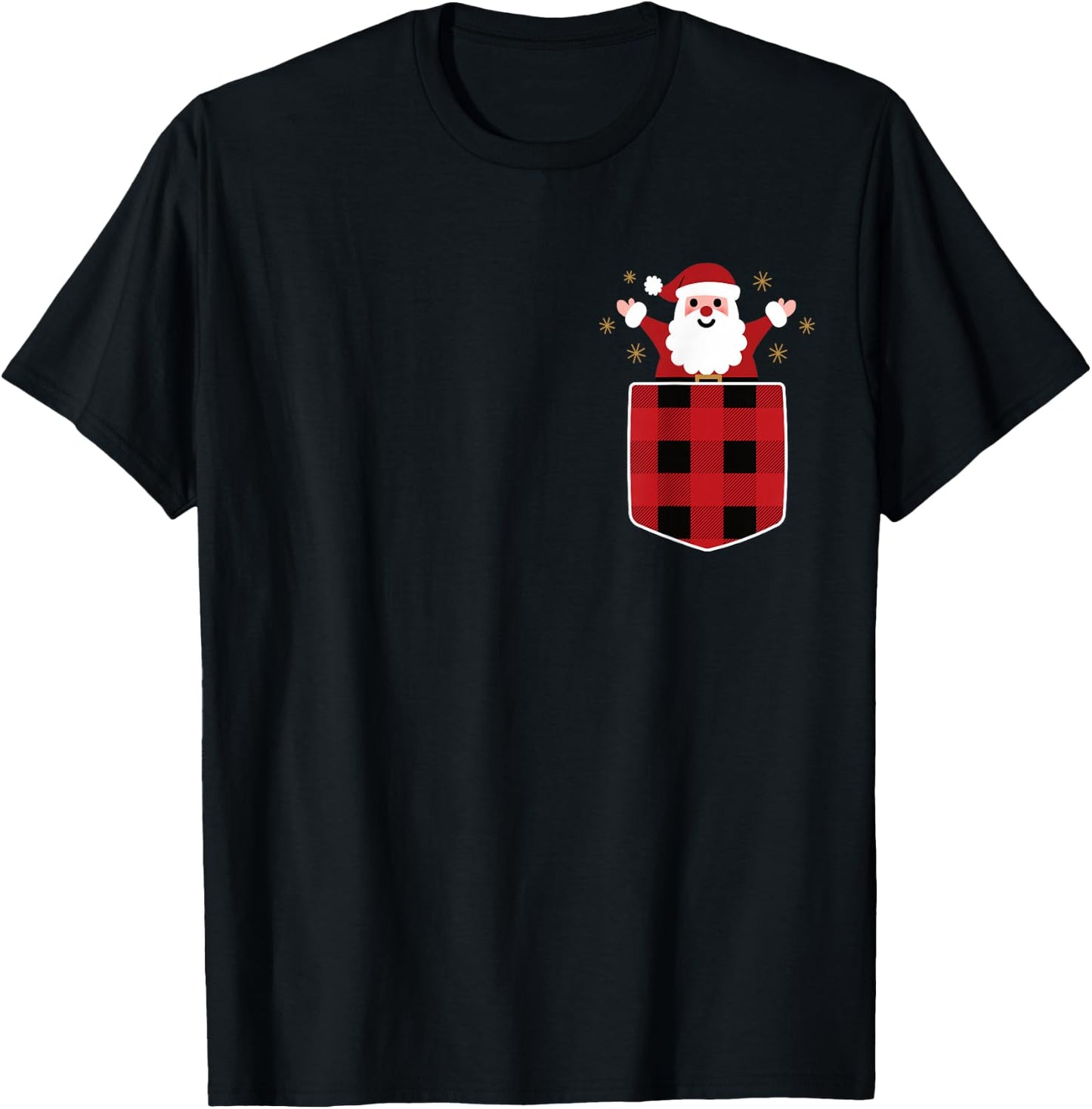 Santa Claus In Red & Black Buffalo Plaid Pocket Christmas T-Shirt - T-Shirt | Black