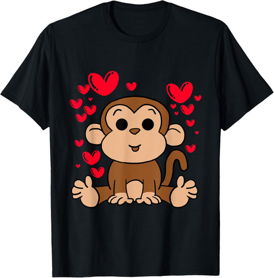 Monkey Love Valentines Day Cute Hearts Romantic Animals T-Shirt - T-Shirt | Black