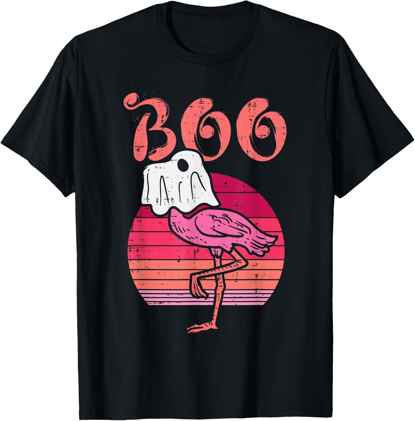 Flamingo Ghost Boo Pink Sunset Retro Halloween Bird Animal T-Shirt - T-Shirt | Black