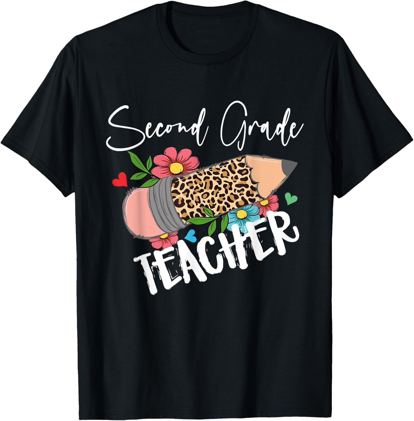 Second Grade Teacher Leopard Pencil 2nd Grade Women Teacher T-Shirt - T-Shirt | Black