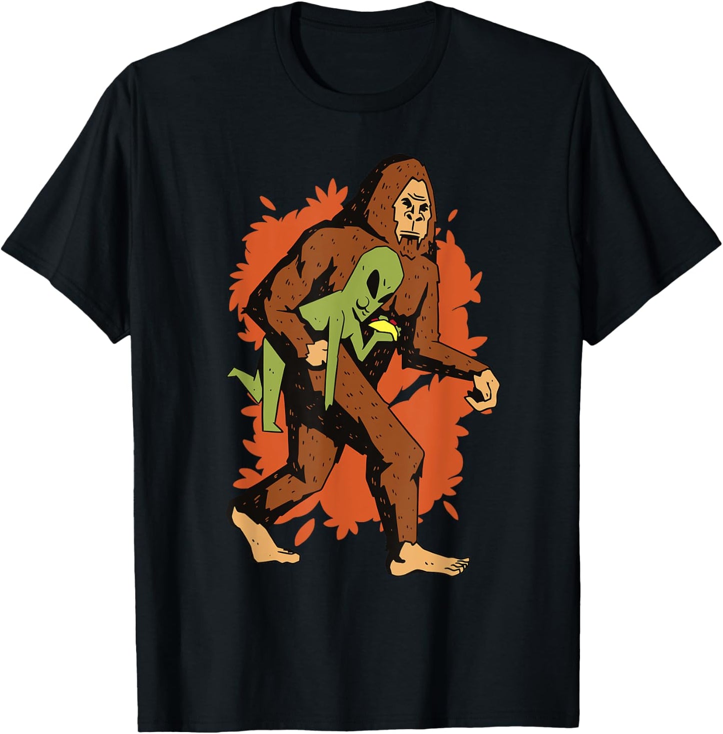 Funny Bigfoot Carrying Alien Eating Taco! Sasquatch Aliens T-Shirt - T-Shirt | Black