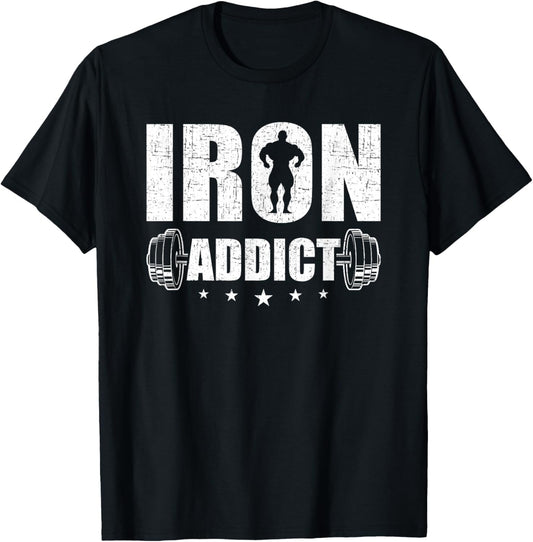 Bodybuilding Weightlifting Workout Gift Co. Iron Addict - Men's Black Cotton Blend Short Sleeve Classic Fit - Workout & Exercise and Fitness - Size Small T-Shirt - T-Shirt | Black