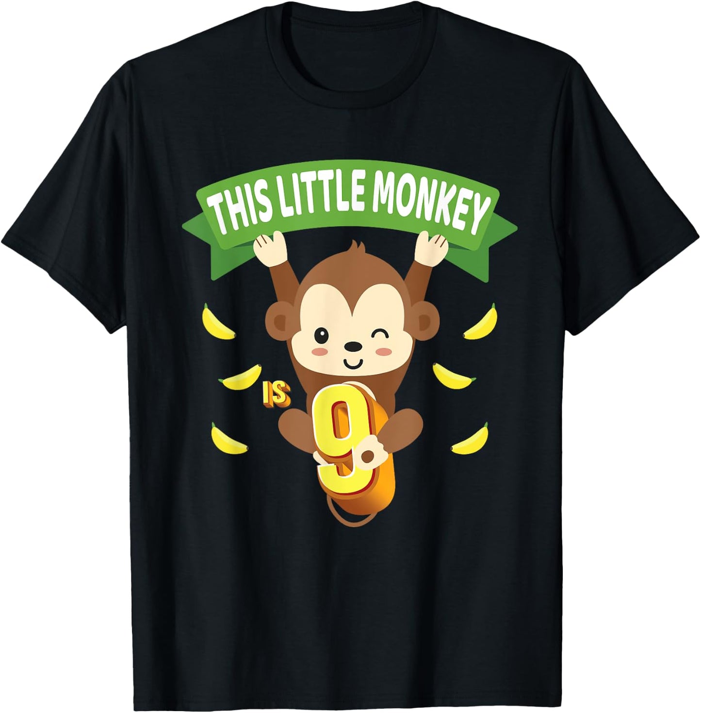 This Little Monkey Is 9 Years Old Kid 9th Birthday Monkeys T-Shirt - T-Shirt | Black