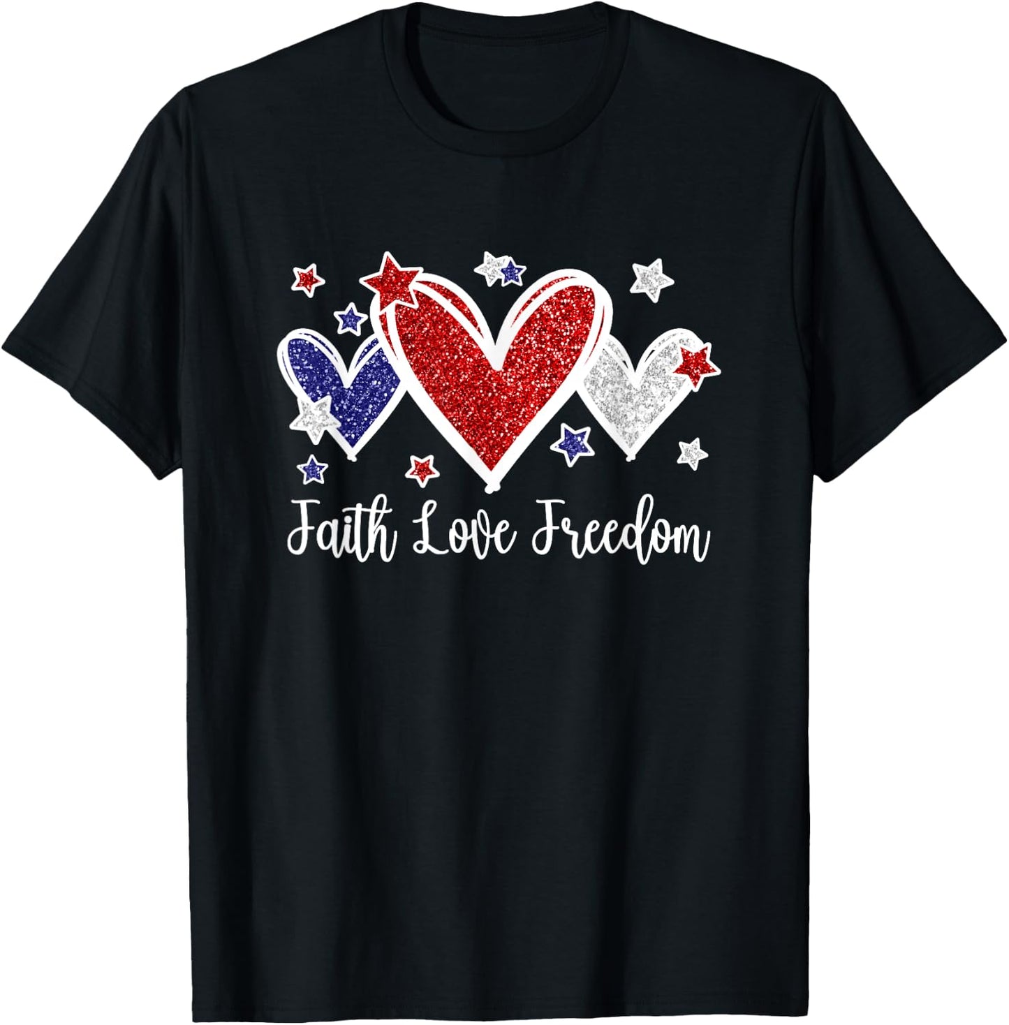 Faith Love Freedom Patriotic American Flag Hearts T-Shirt - T-Shirt | Black