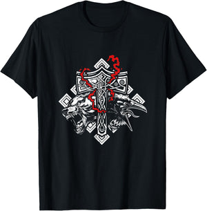 Thor Hammer Mjolnir Rune Protection Odin Raven Viking T-Shirt - T-Shirt | Black