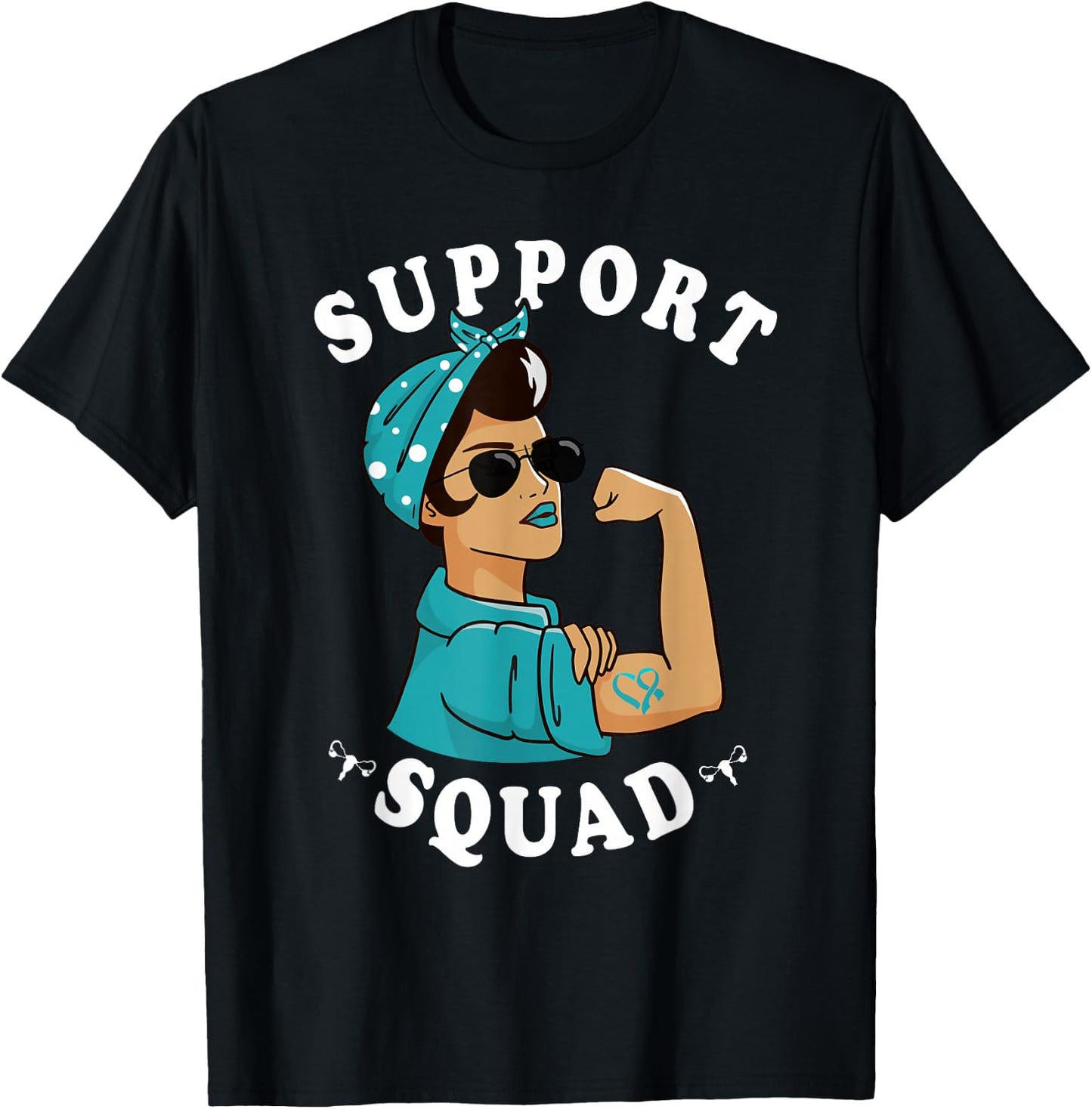"Support Squad" Teal Ribbon Bandana Women Ovarian Cancer T-Shirt - T-Shirt | Black