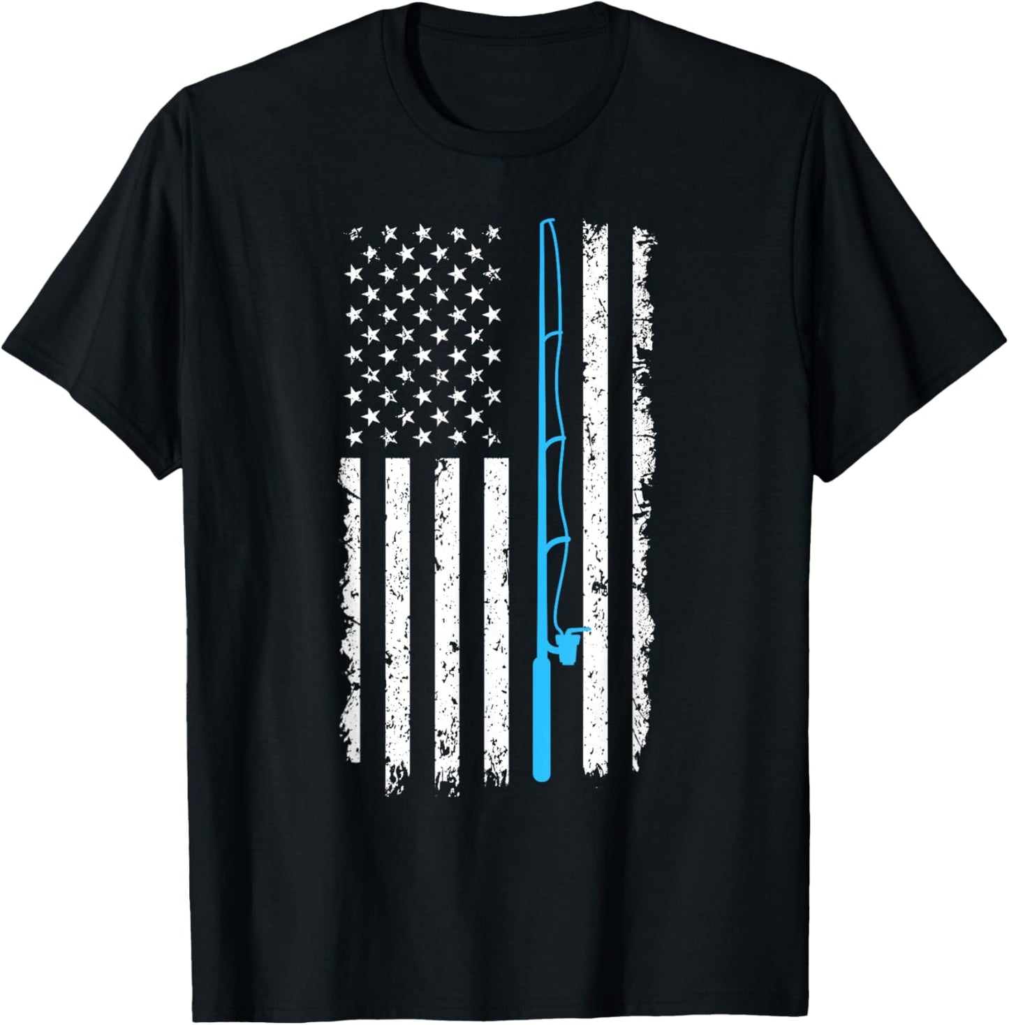 Vintage American Flag Fishing Rod Short Sleeve T-Shirt - T-Shirt | Black