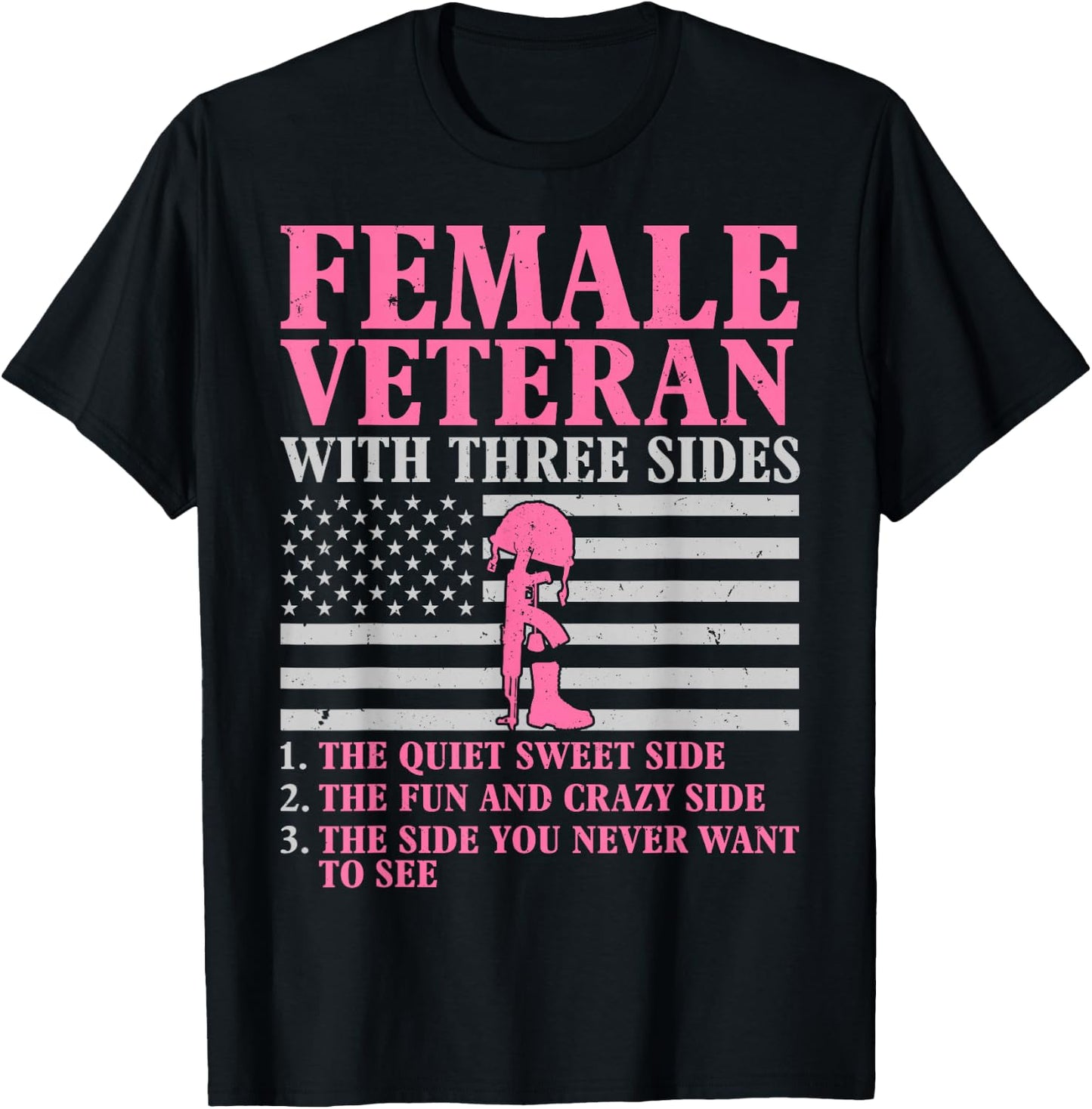 Female Veteran with Three Sides Women Veteran Mother Grandma T-Shirt - T-Shirt | Black