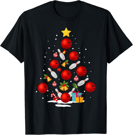 Funny Bowling Christmas Tree Lights Xmas Gifts Women Short Sleeve T-Shirt - T-Shirt | Black