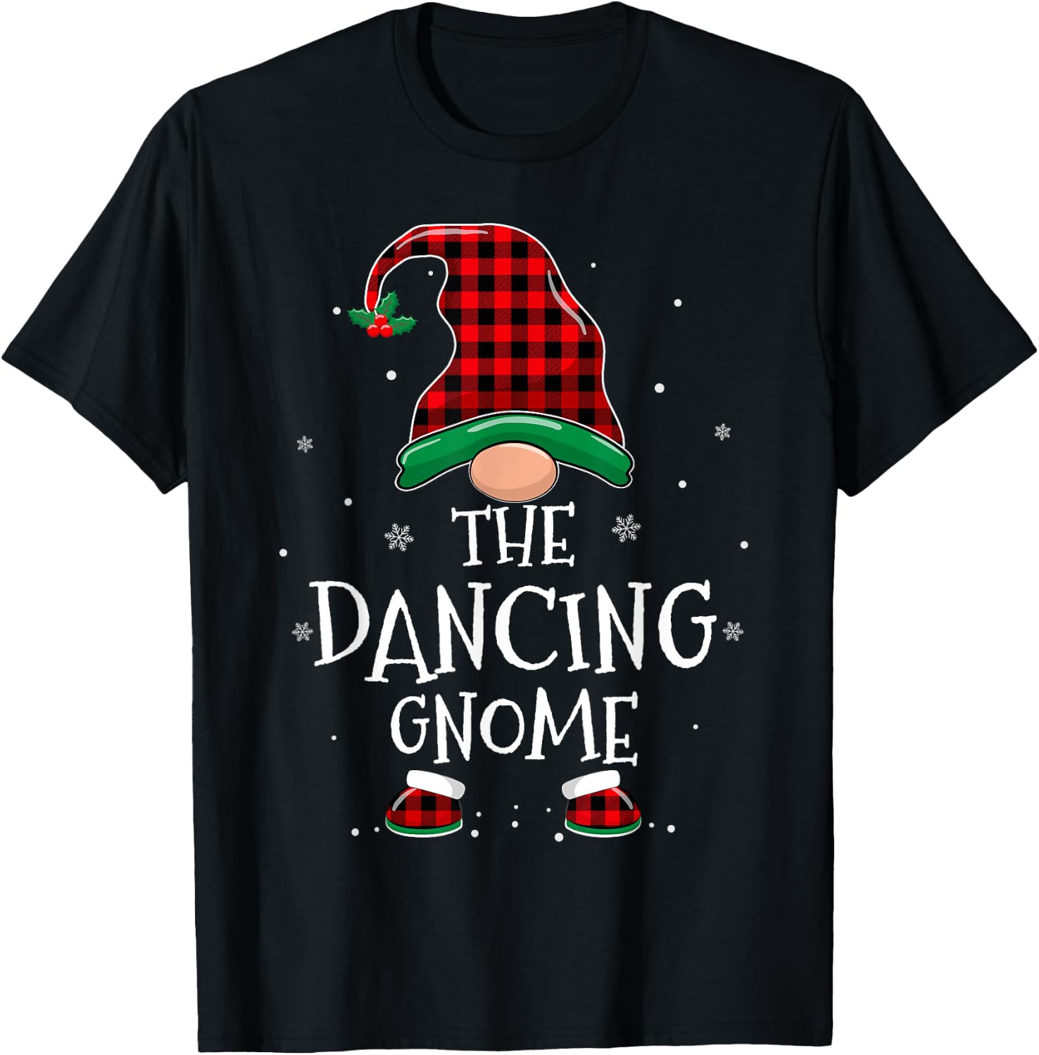 Dancing Gnome Xmas Family Matching Plaid Christmas Gnomes T-Shirt - T-Shirt | Black