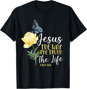 Christian Bible Verse Quote Butterfly Rose Flower John 14:6 T-Shirt - T-Shirt | Black