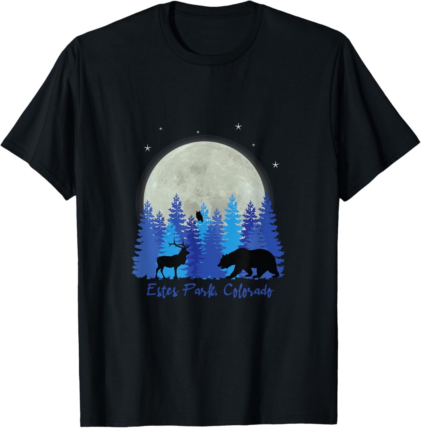 Estes Park Colorado with elk in front of forest and moon. T-Shirt - T-Shirt | Black