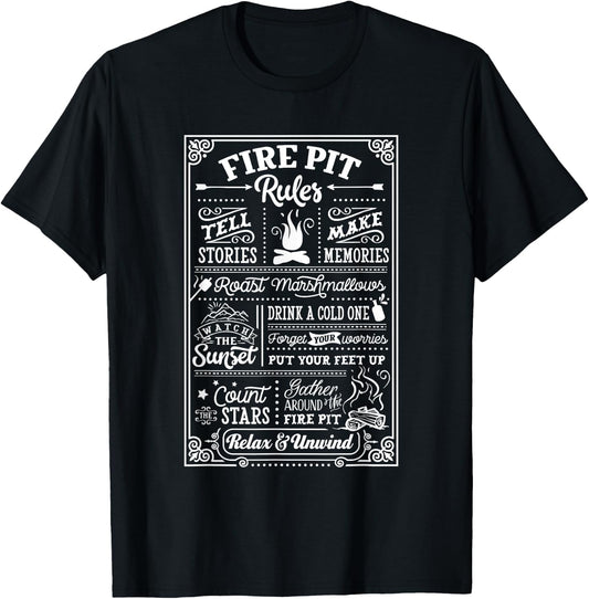 Camping, Outdoors Fire Pit Rules Party Apparel T-Shirt - T-Shirt | Black