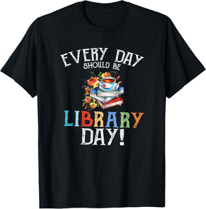 Everyday Should Be Library Day Floral & Coffe Latte T-Shirt - T-Shirt | Black
