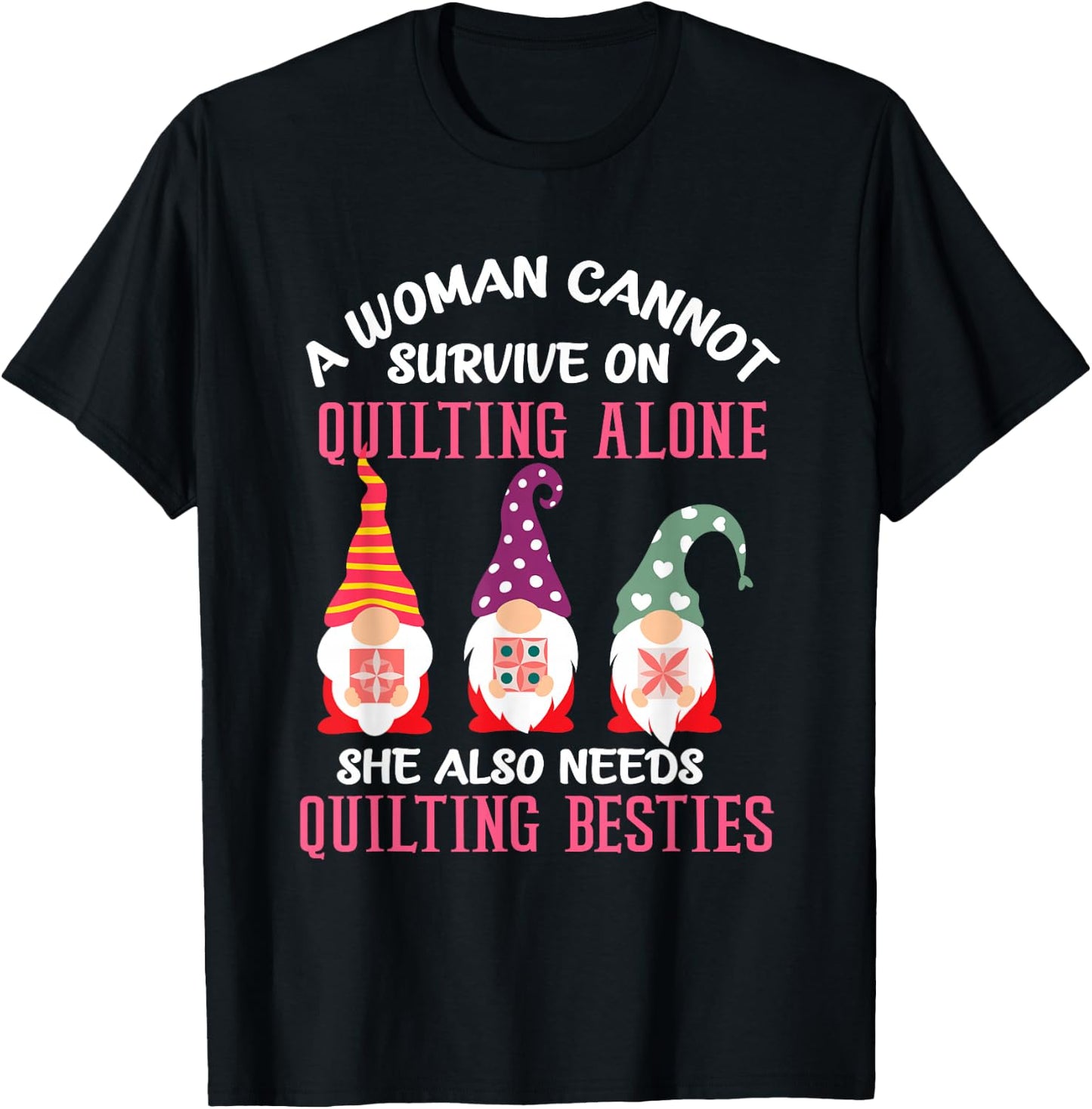 Funny Gnomes Quilting Besties Piecemakers Grandma Mom Fabric T-Shirt - T-Shirt | Black