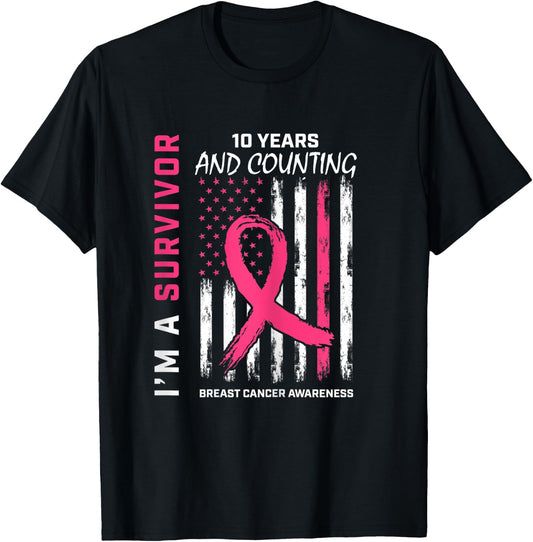 American Flag Pink Awareness 10 Year Breast Cancer Survivor T-Shirt - T-Shirt | Black