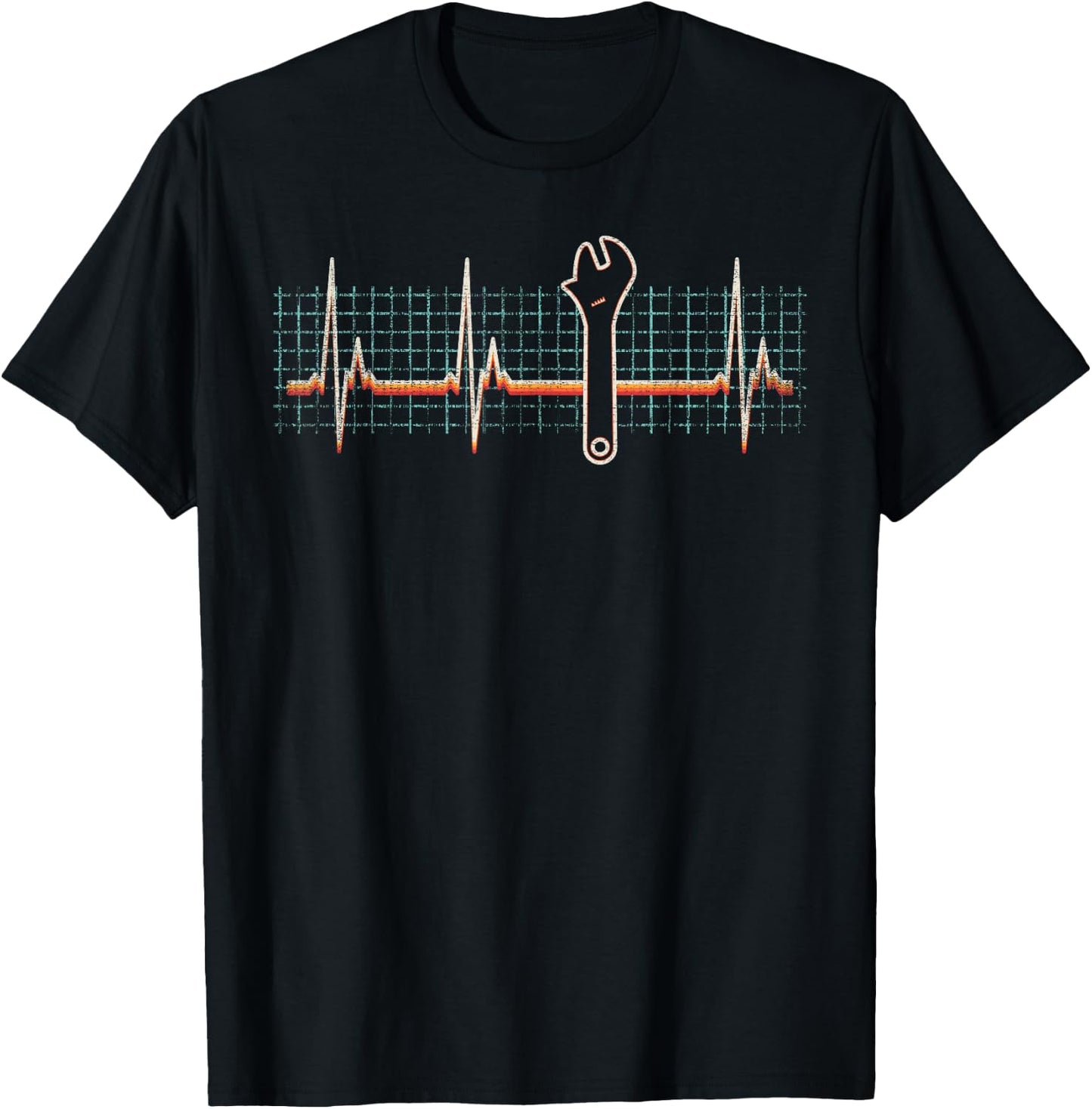 Mechanic Wrench Heartbeat Retro 80s Funny Technician Gift T-Shirt - T-Shirt | Black