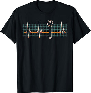 Mechanic Wrench Heartbeat Retro 80s Funny Technician Gift T-Shirt - T-Shirt | Black